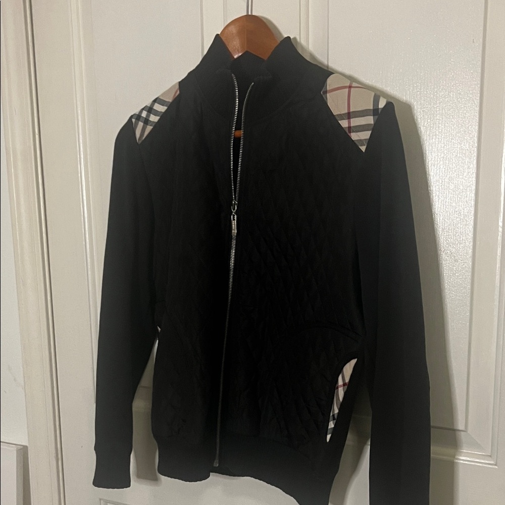 Black Quilted Jacket with Plaid Accents